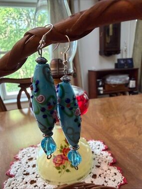 Handcrafted /upcycled blue ceramic beads with Floral accents, Drop Earrings